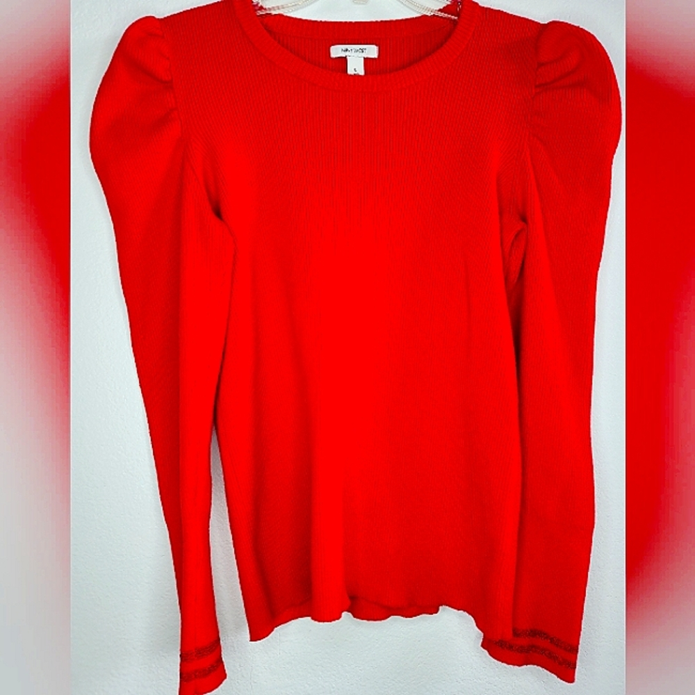 Nine West Puff Sleeve Ribbed Bright Red Glitter Line On Wrist Large L NWOT